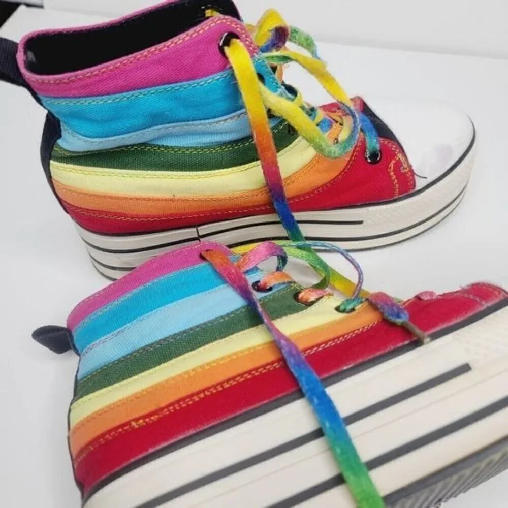 Vintage 90s Rare Rainbow Pride Rave Chunky Lace Up High Top Sneaker